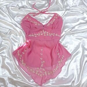 y2k Halter Top Pink Good Silk Floral Embroidered Handkerchief Hem Ing.com